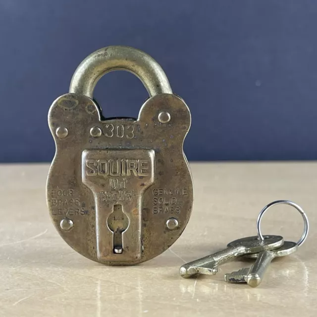 SQUIRE OLD ENGLISH BRASS LOCK #303 WITH TWO KEYS Vintage Heavy Solid (Works)