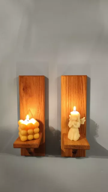 Pair Of 30cm Solid Oak Wood Sconces , Handmade Wall Candle Holders