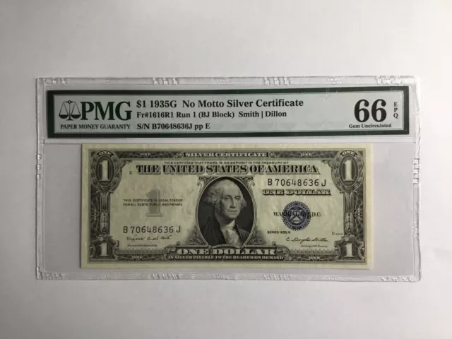 1935 G With No Motto $1 One Dollar Silver Certificate Note PMG 66 EPQ FR# 1616