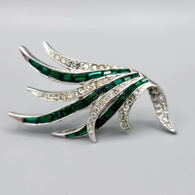 Marcel Boucher Signed Numbered Emerald Baguette & Pave Crystal Feather Brooch