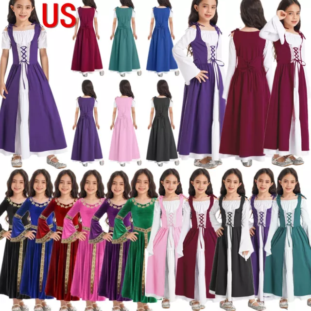 US Girls Kids Renaissance Medieval Princess Gown Dress Halloween Party Costumes