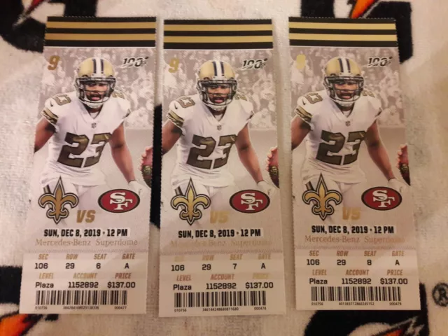 2019 San Francisco 49Ers V New Orleans Saints Game Full Unused Ticket 12/8/19