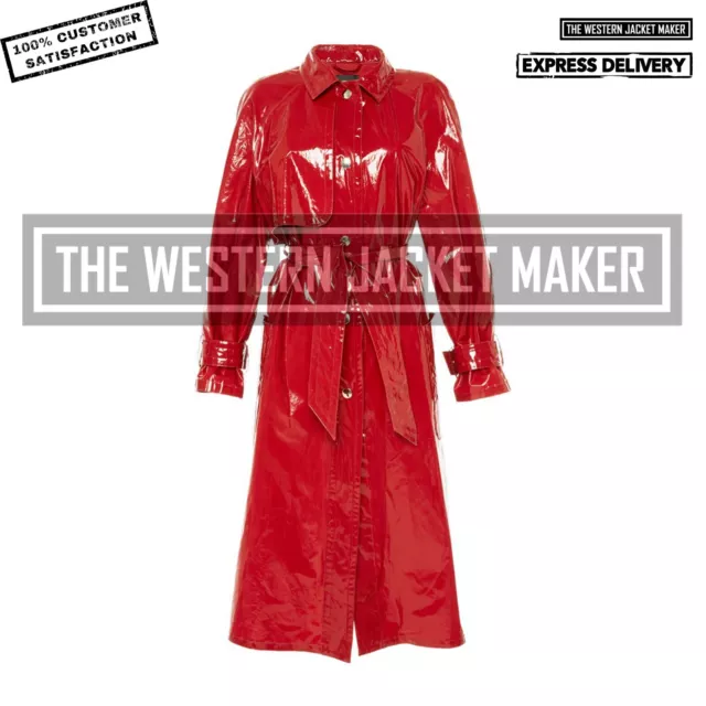 Women Vinyl Trench Coat Faux Patent Leather Red Latex Women Belted Waist Coat