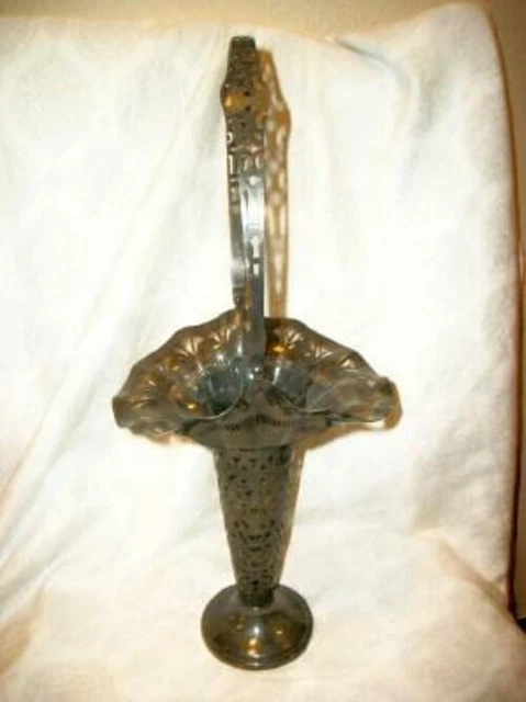 Art Nouveau Silver Plated Brides Basket Blue Trumpet Vase Ruffled Apollo #3620
