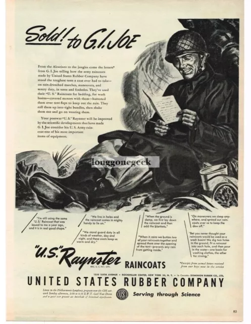 1944 US Rubber Co. Raynster Raincoats for WWII Soldiers Vintage Print Ad