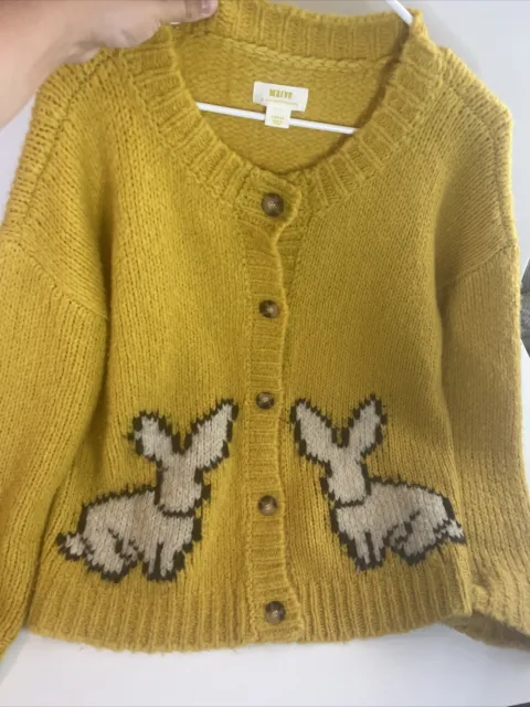 MAEVE Anthropologie Yellow Cardigan Sweater With Bunnies Women Size Large