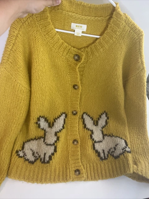 MAEVE Anthropologie Yellow Cardigan Sweater With Bunnies Women Size Large MAEVE Anthropologie Yellow Cardigan Sweater With Bunnies Women Size Large
