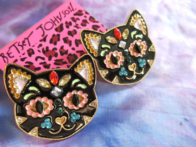 Betsey Johnson Black Enamel Crystal Mosaic Art  Cat Kitten Stud Earrings NWT