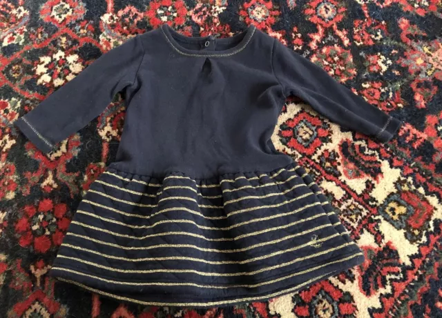 Petit Bateau Girls Navy Gold Striped Dress Sz 6 months