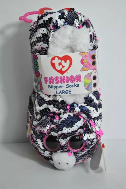 TY Beanie Fashion Slipper Socks with Heart Tag "Zoey" Size Youth 4-6 Sequins/Fur