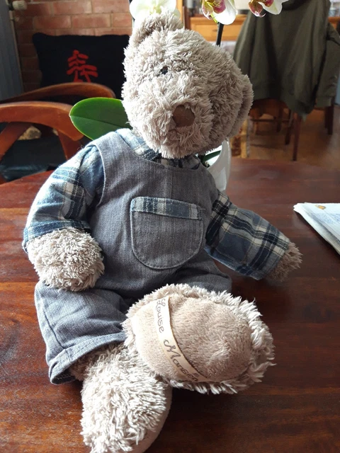 OB/Peluche doudou ours beige salopette  Chemise carreaux bleu Louise Mansen 41cm