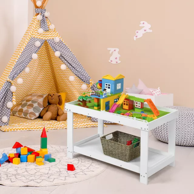 Solid Wood Kids Activity Play Table Block Table Multifunction W/Storage White 3