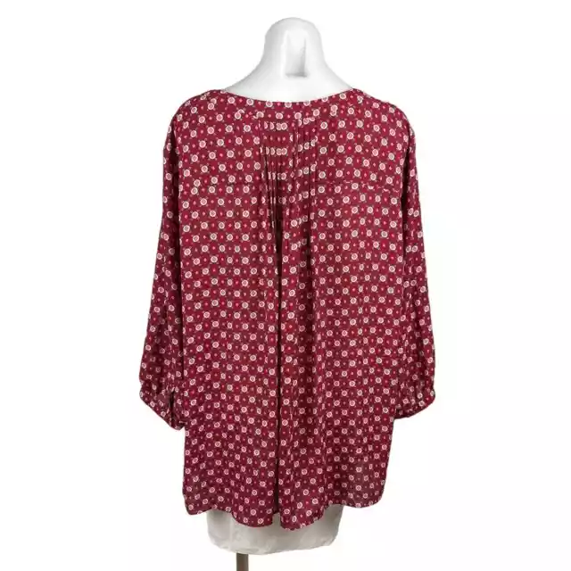 NYDJ Womens Red Polka Dots Print Henley Pleat Back 3/4 Sleeve Tunic Blouse Sz 2X 3