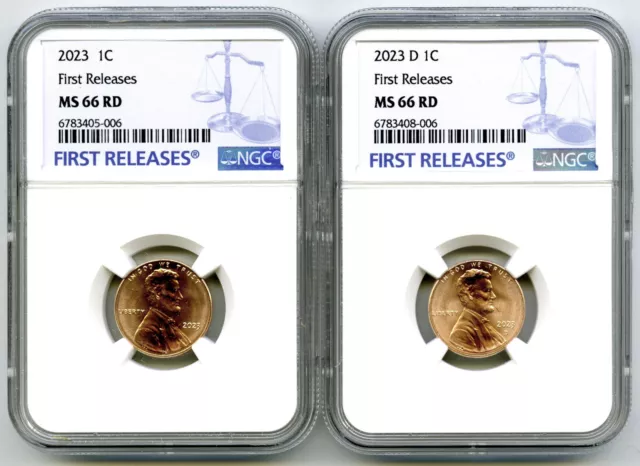 2023 P & D Lincoln Shield Cent Ngc Ms66 Rd 2-Coin Penny Set Blue First Releases