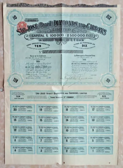 share certificate (warrant) - 1905 Sao Jose (Brazil) Diamonds and Carbons Ltd