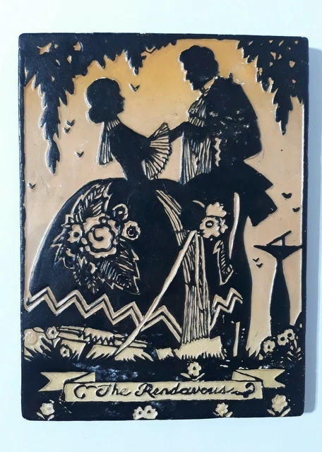 Vintage Plaster Of Paris Tile "The Rendezvous" Painted Silhouette. 3