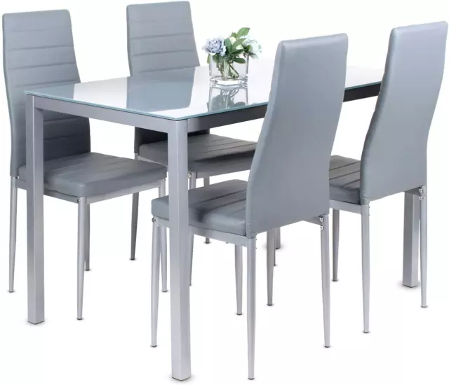 Modern Grey Dining Set 5Pcs Glass Dining Table+ 4 Leather Dining Chairs Set