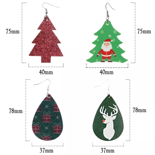 4 Pairs Christmas Tree Santa Reindeer PU Leather Dangle Drop Earrings Xmas Gift 2