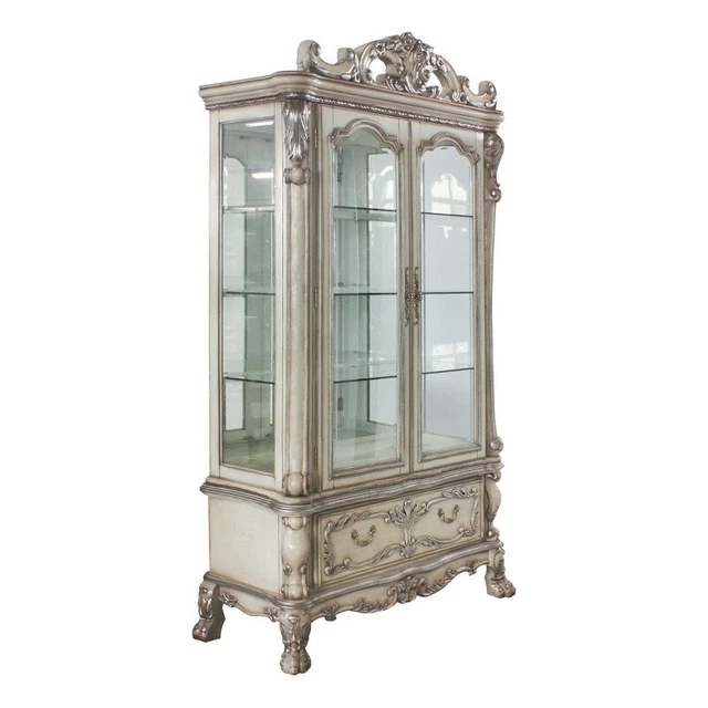 Wooden Curio Cabinet with Crown Top and Claw legs Antique White