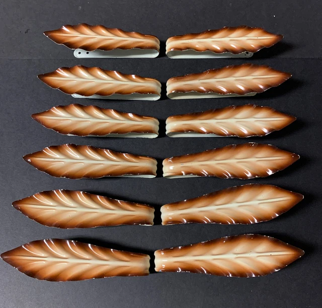 Vintage Embossed Metal Curtain Drapery Tie Backs Brown Leaf Hook Set 12 Mid Cent 3