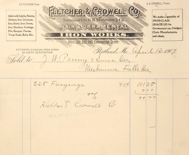 Fletcher & Crowell Co Portland ME 1909 Billhead Plain & Ornamental Iron Works