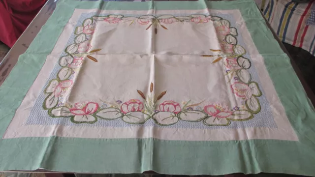 Vintage  hand embroidered  water lillies Tablecloth 104 cms x 102cms  cotton