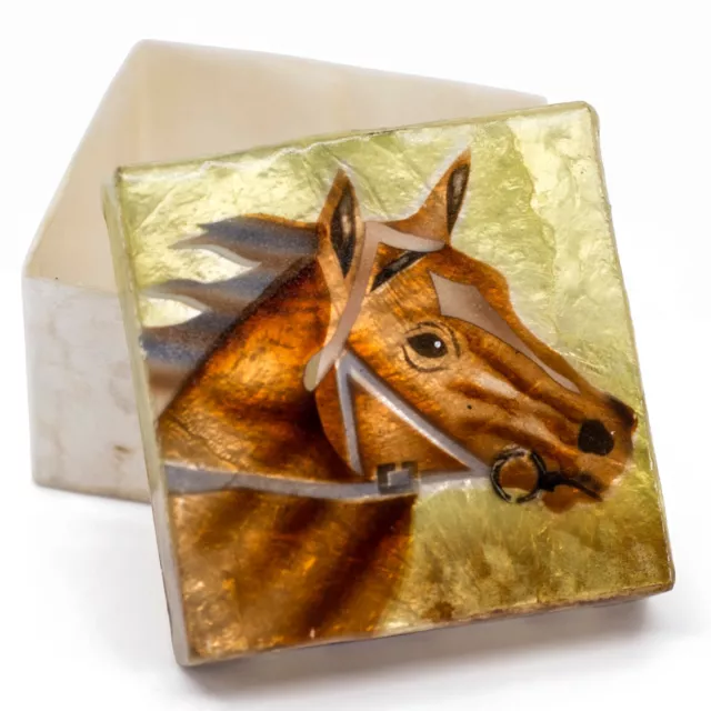 Hand Painted Air Brushed Horse Capiz Oyster Shell Jewelry Trinket Box 3" New!