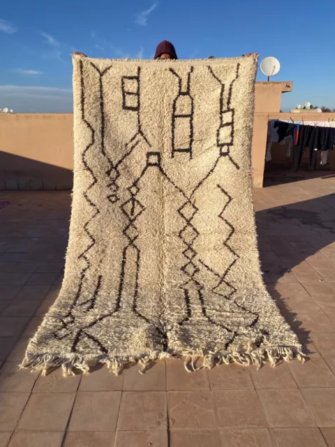 Beni Ourain Moroccan Handmade Rug 4'8x8' Striped Berber White Black Wool Carpet