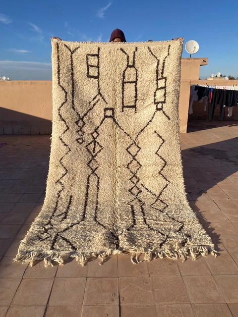 Beni Ourain Moroccan Handmade Rug 4'8x8' Striped Berber White Black Wool Carpet