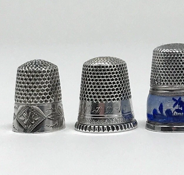 Five Vintage & Antique Sterling Silver & 935 Sewing Thimbles Enamel and More