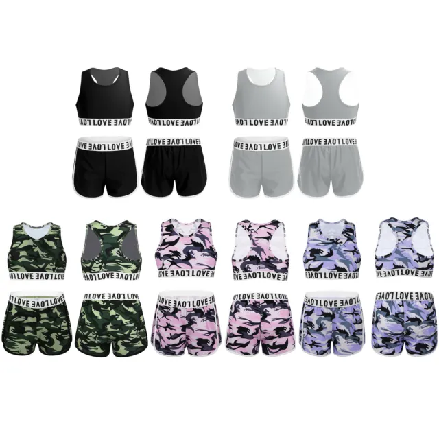 Girls Activewear Outfit Camouflage Crop Tankini Top with Bottoms Tracksuit Set