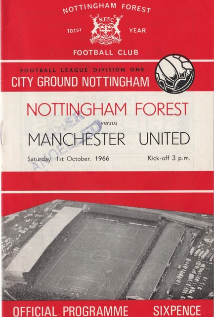 1966/1967 Nottingham Forest v Manchester United (1/10/1966) No Writing. No Fold
