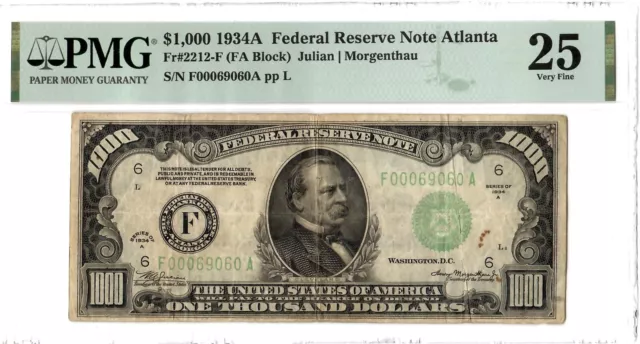 USA Banknote 1934 Federal Reserve Note Atlanta 1000 Dollars, PMG 25, Fr#2212-F