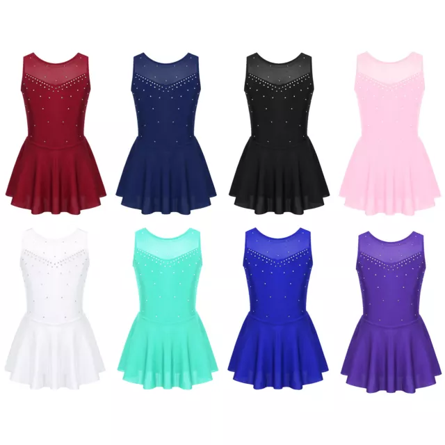 Girls Glitter Rhinestone Figure Ice Roller Skating Dress Gymnastic Skirt Leotard