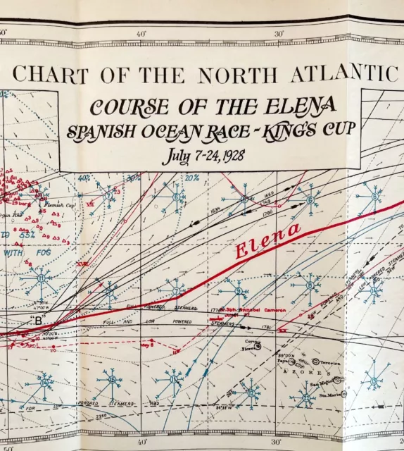 Nautical Map King's Cup 1928 Course Of The Elena Race To Spain Large Yacht DWS2