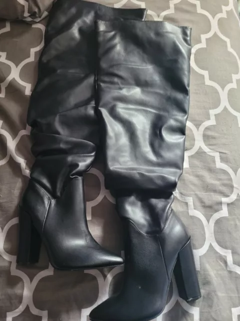Black Faux Leather Block Heel Women's Boots,  - Size 7.5