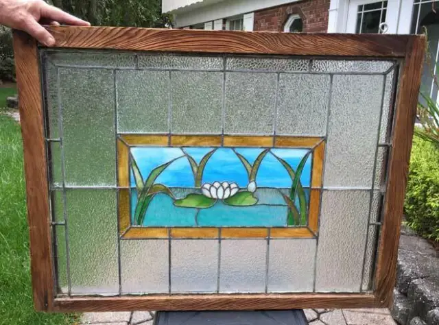 Antique STAINED LEADED SCENIC WINDOW - ORIGINAL FRAME