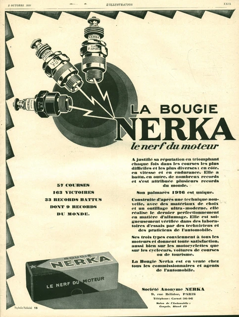 Publicité ancienne Bougie Nerka automobile 1926 issue de magasine Puybelle