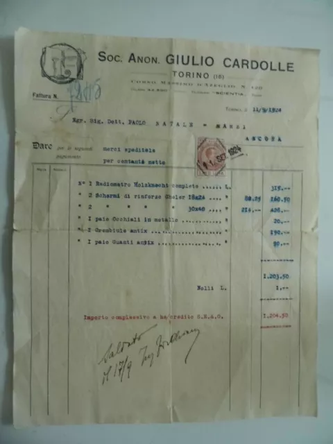 Fattura "Soc. An. GIULIO CARDOLLE TORINO" 1924