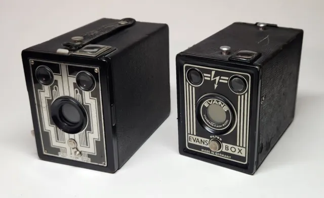 Cámaras de caja vintage Kodak Brownie and Evans - placas frontales Art Deco
