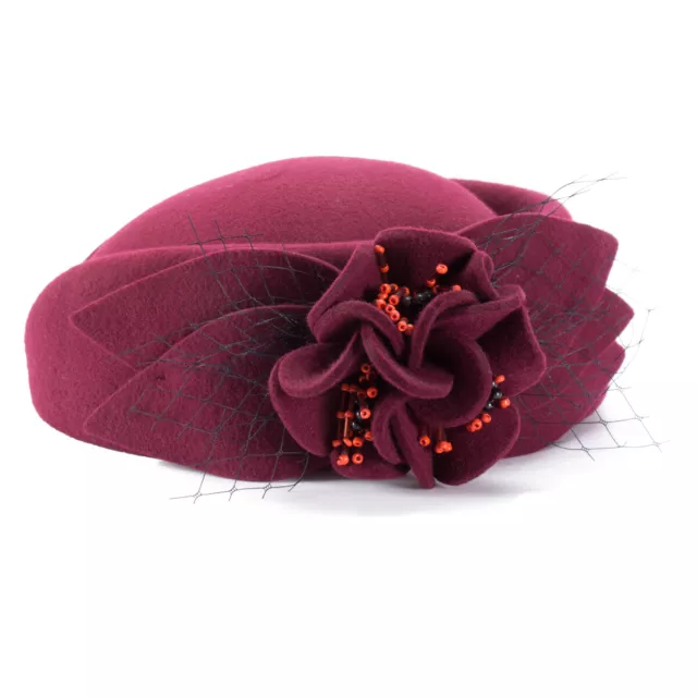 Burgundy  Womens Fascinator Pillbox Wool Felt Hat Formal Dress Flower Veil A131