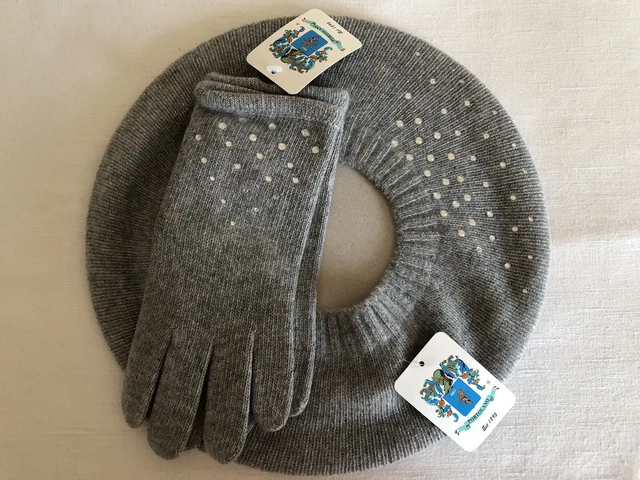 NWT PORTOLANO 100% Cashmere Gray Beret and Gloves With Crystals set One Size