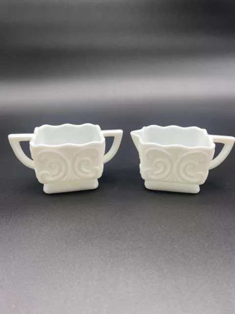 Vintage Imperial Glass MCM Square With Scroll Design Milk Glass Sugar & Creamer