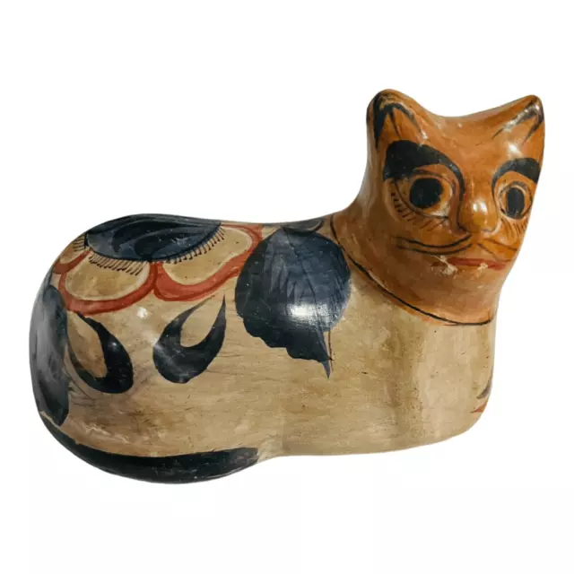 Mexican Tonala Glazed Folk Art Pottery Cat handmade and painted figurine no chip