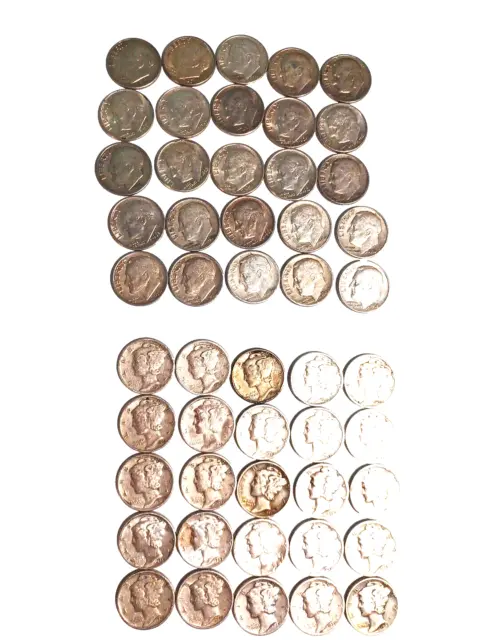 Roll  50 coins-25 Roosevelt and  25 Mercury Silver Dimes, $5 Face Value,