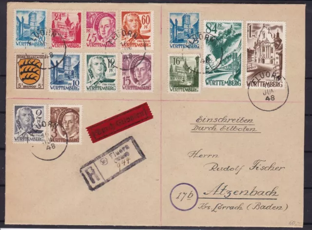 Württemberg MiF mit Franz. Zone Eilboten R-Brief aus Fluorn - Atzenbach 1948 -89