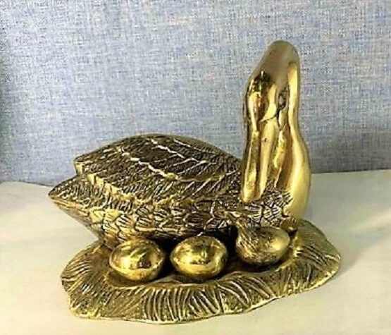 Solid Brass Large Swan Bird w/ Chick & Eggs Figure Hatching, 9" Tall Vintage