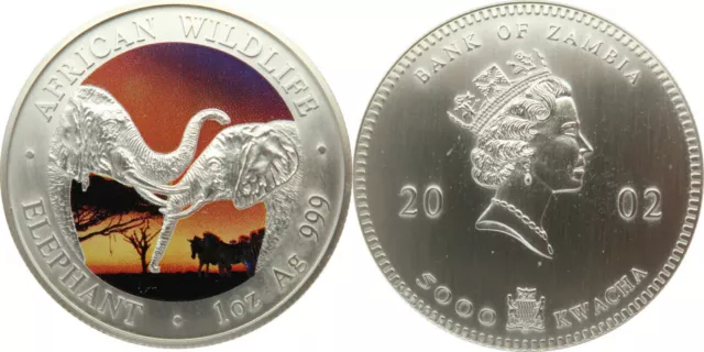 Zambia - African Wildlife Elefant 2002 color 1Oz Silber 5000 Kwacha selten top!