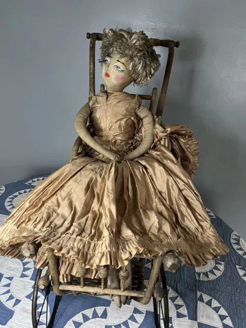 Early 30” Cloth Boudoir Handmade Antique Doll .Original Taffeta Ruched Gown/Pin