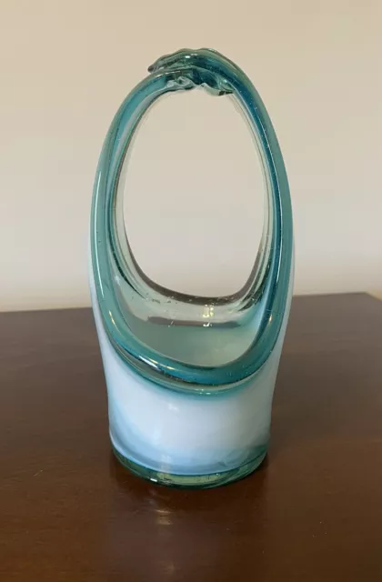VTG Blue 8.5” Hand Blown Stretched Art Glass Vase Basket Swung Murano Style MCM